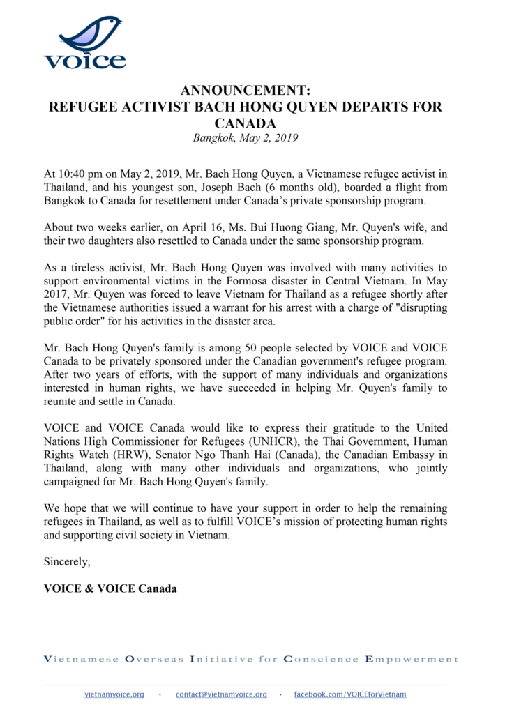 Announcement-refugee-activist-bach-hong-quyen-departs-for-CANADA_VIETNAM-VOICE